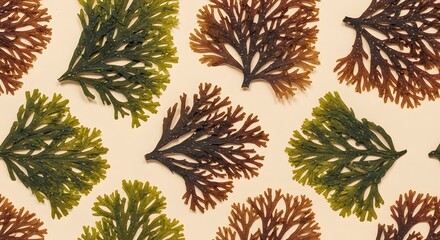 Beautiful Macro View of Dried Seaweed Branches with Green and Brown Hues on a Textured Background