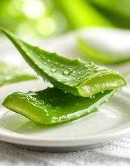 aloe vera  fresh leaves  laying on white plate. Reference for design