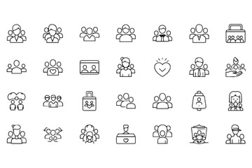 Collection of simple line art icons representing people, groups, and social interactions, isolated on Transparent background world kindness day design