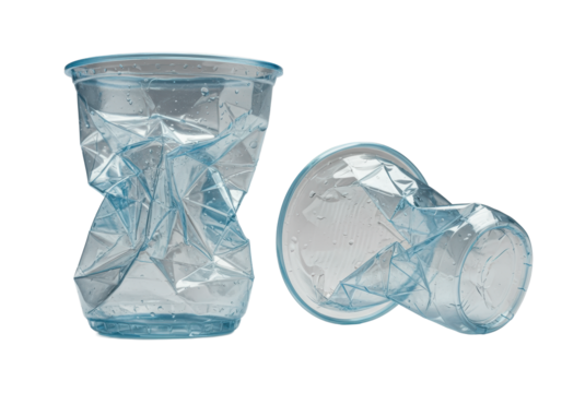Two light blue disposable plastic cups, one intricately crumpled with razor-sharp creases, the other violently torn open, isolated on a transparent background. Concept of plastic waste and degradation