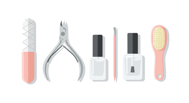 Assortment of manicure tools set on white background. Nail care essentials
