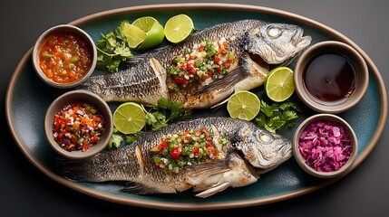 Two baked fish served with lime and side sauces, providing a savory and aromatic dish perfect for sharing.
