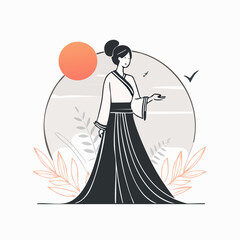Elegant Asian Woman in Flowing Traditional Hanfu or Kimono Line Art Scene