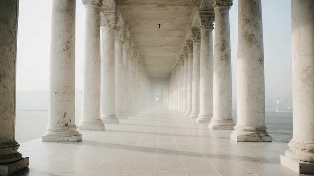 Ancient colonnaded hall, bathed in soft light