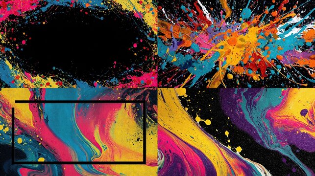 Four vibrant abstract art compositions, showcasing paint splatters and fluid textures with a black background