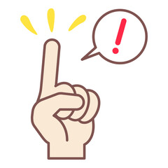 Illustration of a hand raising an index finger with an exclamation mark in a speech bubble, shown in color. Ideal for highlighting important points in presentations, websites, and educational content.