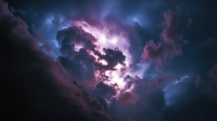 Fototapeta premium The sky is filled with dark storm clouds and lightning, creating a tense atmosphere — the deep blue background with purple tones evokes fear and excitement.