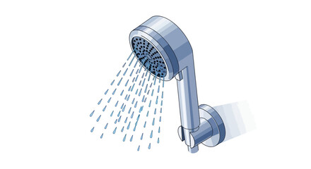 Isometric illustration of a shower head spraying water on a white background