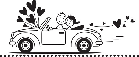 Obraz premium Love on the Road: A couple joyfully cruises in a classic convertible, their journey of love highlighted by heart-shaped balloons.