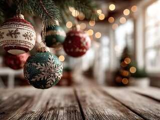 Close-Up of Christmas Tree Decorations in Red and Green Color Scheme, Blurred Background with Bokeh Effects for Festive Concepts