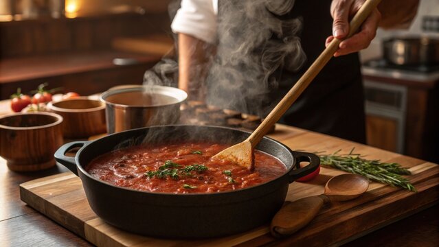 Chef stirring a simmering tomato sauce in a pan with a wooden spoon