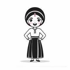 Fototapeta premium Cute Chibi Indian Girl in Traditional Dress with Bindi Line Art