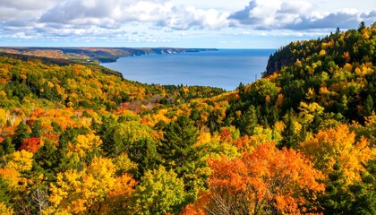 Panoramic autumn vista of a coastal forest, vibrant foliage meets calm ocean
