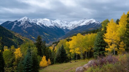 Fototapeta premium Majestic snow-capped mountains with vibrant autumn foliage and pine trees under cloudy sky