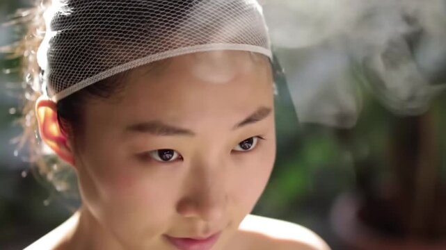 Close-up of a fair-skinned person wearing a wig cap, eyes closed, facing down, surrounded by blurred foliage and soft light