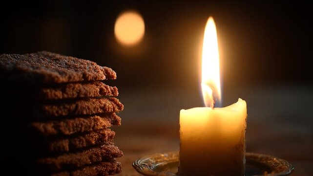 Candle flame illuminating dark surface with stack of biscuits