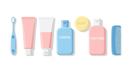 Pastel Bathroom Essentials Arrangement on a White Background for Hygiene