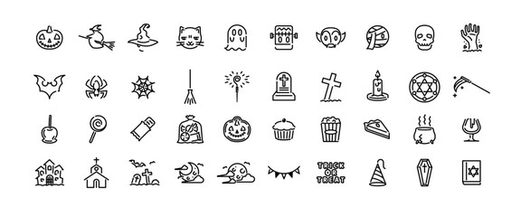 かぼちゃ、魔女、コウモリ、キャンディなど40種類のハロウィンアイコンセットです。印刷物、Web、アプリに最適。