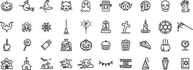 かぼちゃ、魔女、コウモリ、キャンディなど40種類のハロウィンアイコンセットです。印刷物、Web、アプリに最適。