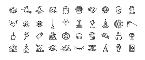 かぼちゃ、魔女、コウモリ、キャンディなど40種類のハロウィンアイコンセットです。印刷物、Web、アプリに最適。