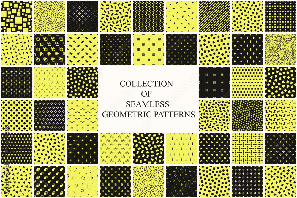 Wall mural collection of vector seamless geometric minimalistic patterns in different styles. black and yellow 