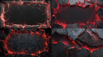 Four images showcase textures of dark, cracked volcanic rock with glowing red lava