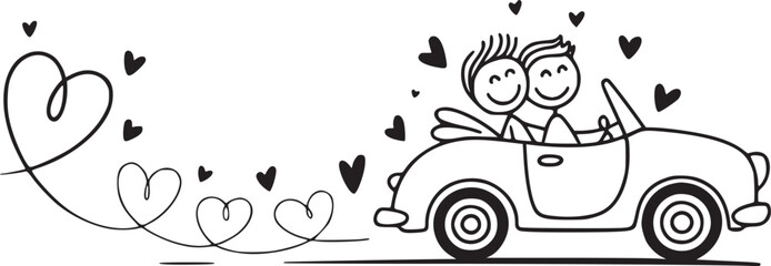 Love on the Road: A cheerful cartoon couple, hand in hand, embark on a journey of love in a classic car, leaving a trail of hearts in their wake.