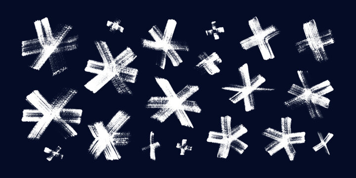 Set of hand drawn brush strokes, snowflake shapes. Collection of playful grunge winter elements with paint texture, halftone effect. Decoration for Christmas, New Year designs. Isolated illustration.