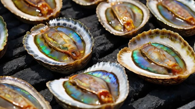 Gourmet Abalone Shells: A close-up shot features an array of freshly prepared abalone shells, showcasing the glistening meat, inviting seafood delicacy.