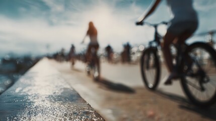 Blurred figures of cyclists riding on a bright sunny promenade beside the sea