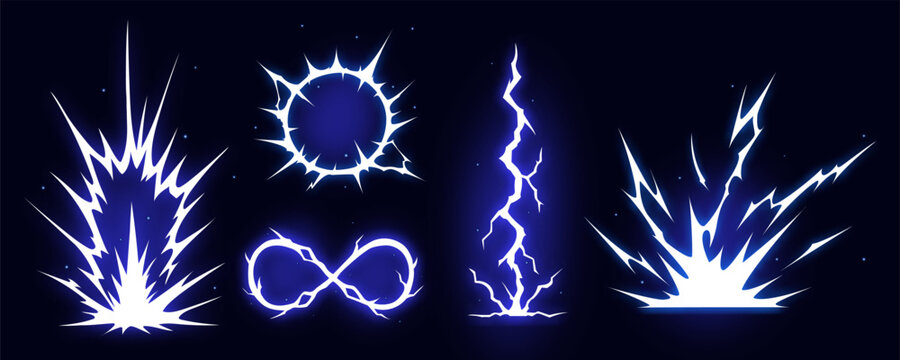 Manga thunder effect arranges comic bolt lightning vector in burst style. Manga thunder bg shows circle, infinity loop and vertical strike. Digital vfx frame for game, cartoon hit or explosion.