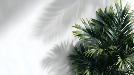 Obraz premium Lush green tropical palm leaves cast d d shadows on a clean white wall backdrop