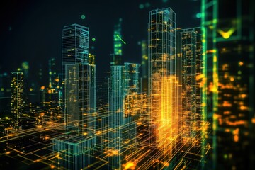 Futuristic city skyline with glowing neon lights and digital elements at night