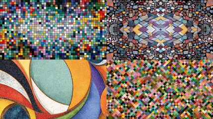 Four distinct abstract geometric artworks. Top left pixelated. Top right mosaic. Bottom left layered shapes. Bottom right grid