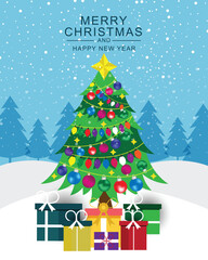 Merry Christmas and New Year holiday background with presents, Christmas tree made out of gift boxes and winter landscape.