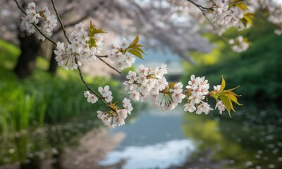 Delicate cherry blossoms over a tranquil pond.  Soft focus on clusters of white blossoms against branches, with a blurred background of more blossoms and greenery reflecting in the water