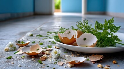 Artistic composition featuring broken eggshells dill and white flowers on a textured surface with