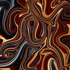 Abstract fluid artwork in deep black, red, and gold swirls with a dramatic molten effect, creating a bold and modern digital painting background.