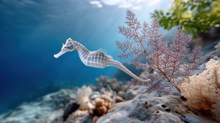 Underwater world with seahorse swimming gracefully near coral reef formations
