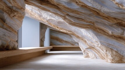 Serene interior with simulated rock formations creating a cave like atmosphere