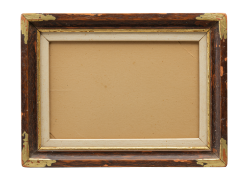 Empty rectangular vintage photo frame, aged oak, flaking gold leaf, cracked lacquer, dusty, on transparent. Extreme macro, raking light. Melancholic study of decay