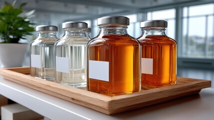 Elegant display of liquid filled bottles on wooden tray creates a spa like atmosphere