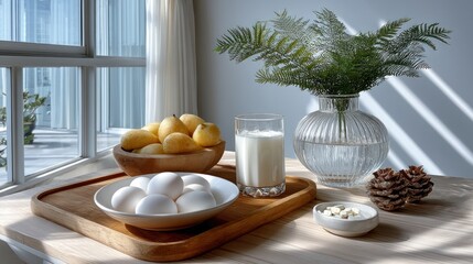 Healthy breakfast arrangement featuring eggs pears and milk in a naturally lit scene showing