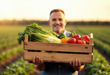 Smiling man holding a wooden crate filled with fresh vegetables in a field