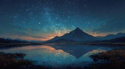mountain reflecting in lake under starry sky