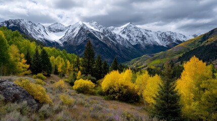 Obraz premium Scenic mountain landscape with autumn foliage and snow-capped peaks