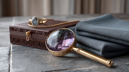 Vintage still life featuring jewelry box ring chain magnifying glass and blue fabric