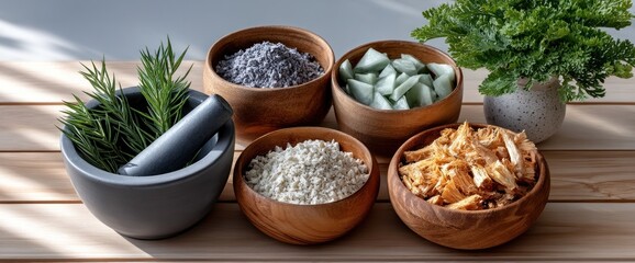 Alternative medicine presentation featuring herbal remedies and natural ingredients in wooden bowls