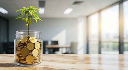 Green plant with yellow fruit growing from jar of gold coins growth money