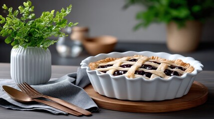 Elegant arrangement featuring a homemade blueberry pie with greenery in a bright kitchen setting